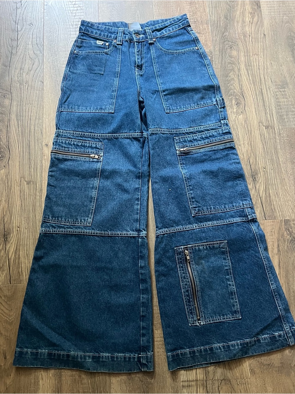 Ragged Dark Blue Patchwork Wide-Leg Denim Cargo Pants